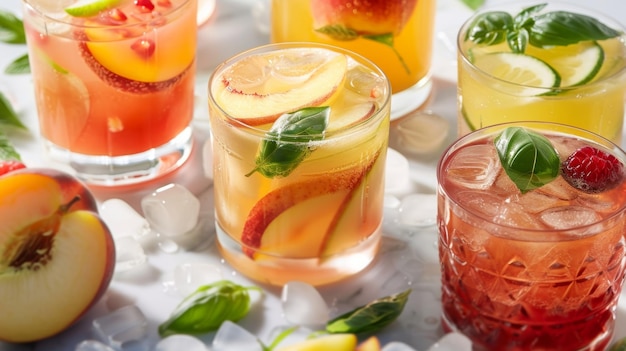 A colorful spread of muddled fruit cocktails including a peach basil martini and a ginger pear