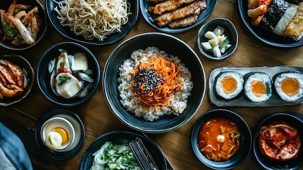 Photo a colorful spread of traditional korean dishes served on a wooden table for a delightful meal