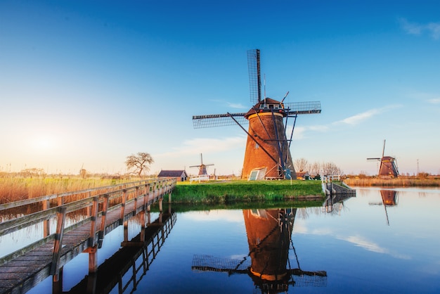 Colorful spring day with traditional Dutch windmills canal in Rotterdam. Wooden pier near the lake shore. Holland.