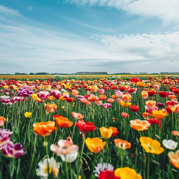 Colorful Spring Flower Fields Under Blue Sky Vibrant Landscape Scene