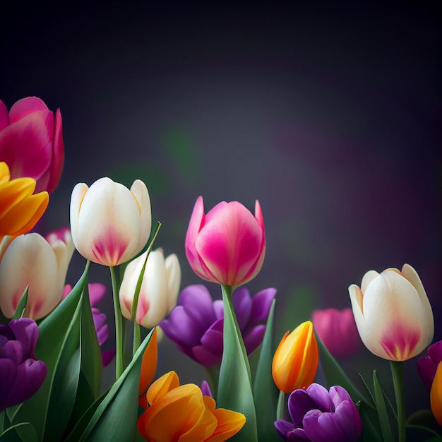 Colorful Spring Tulips Natural Background Generative AI