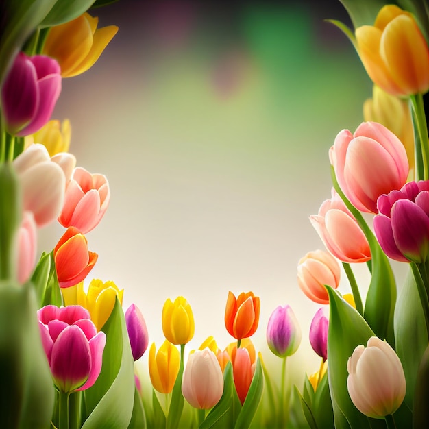 Colorful Spring Tulips Natural Background Generative AI