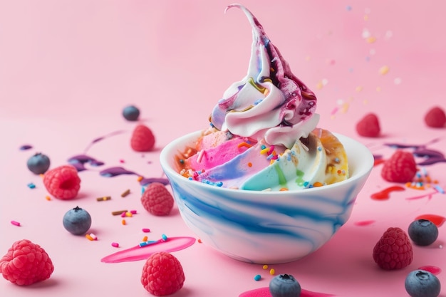 Colorful sprinkled ice cream with fresh berries