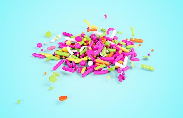 Photo colorful sprinkles for cake and bakery items front view scattered on cyan background 3d illustration