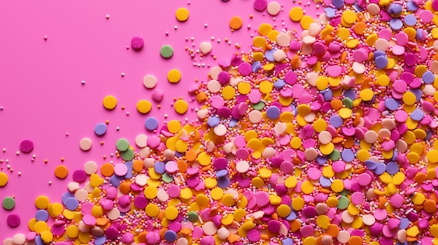 Colorful sprinkles on pink background closeup Space for text