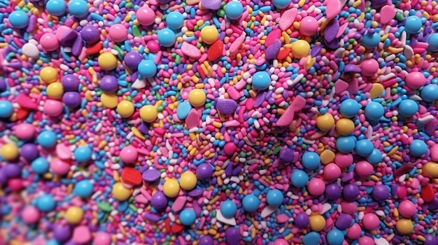 Colorful sprinkles on pink background closeup Space for text