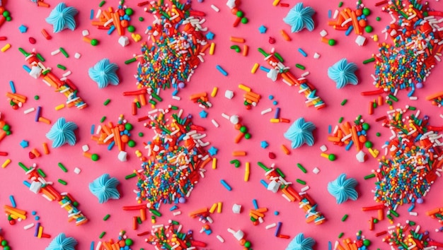 Colorful sprinkles scattered on a pink background perfect for celebrations