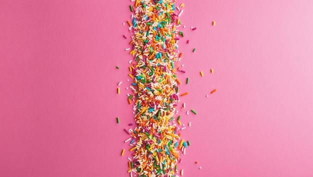 Photo colorful sprinkles and stripes on a pink background for festive occasions