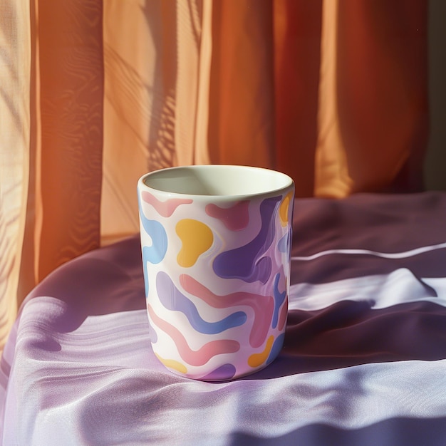 Colorful squiggle mug on satin sheets blobby design gen z trend