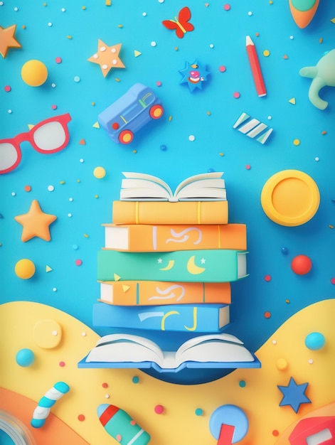 Photo a colorful stack of childrens books with a playful open book on top is surrounded by toys and bright elements on a blue background generative ai