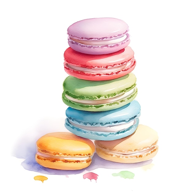 A colorful stack of macaroons is painted on a white background.