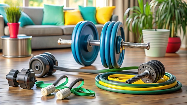 Photo a colorful stack of multicolored dumbbells and a pair of dumbbells