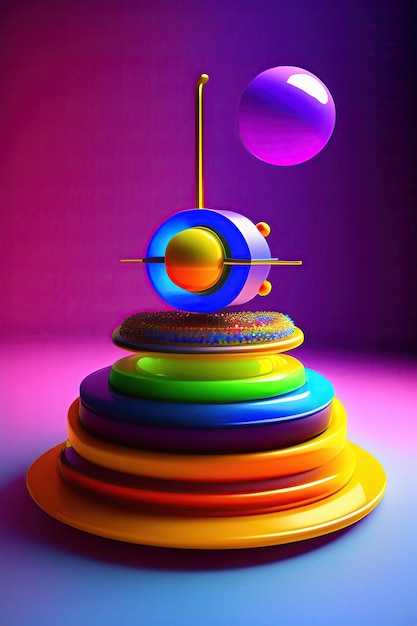 A colorful stack of objects with a ball on top of it.