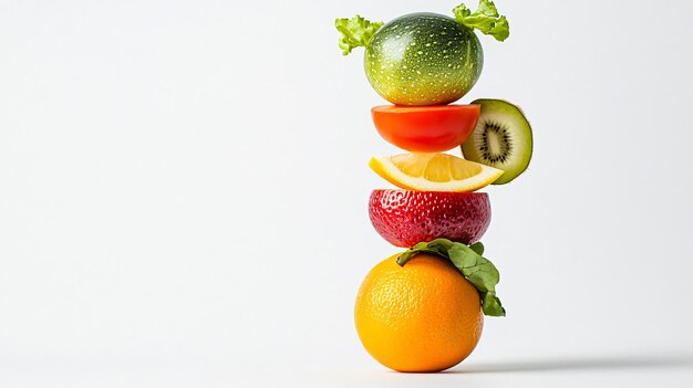 Photo colorful stack of various fruits and vegetables on white background