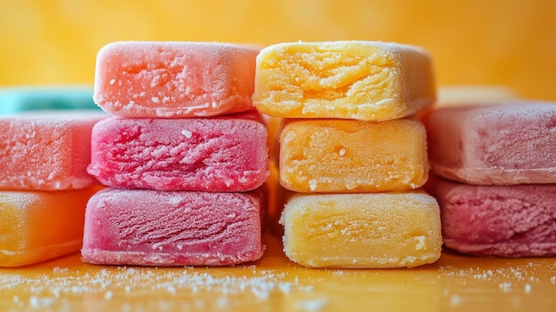 Photo colorful stacked candies in various flavors against a bright background