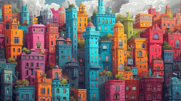 Colorful Stacked Cityscape with Diverse Architectural Styles