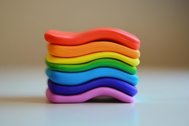 Photo colorful stacked plasticine layers arranged in a wavy pattern on a neutral surface