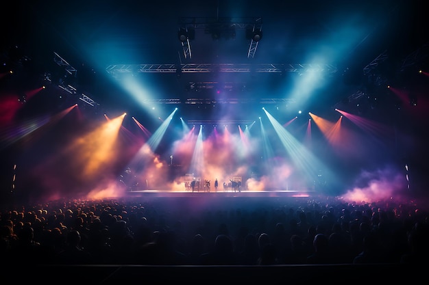 Colorful stage lighting with smoke and rays of light on dark background