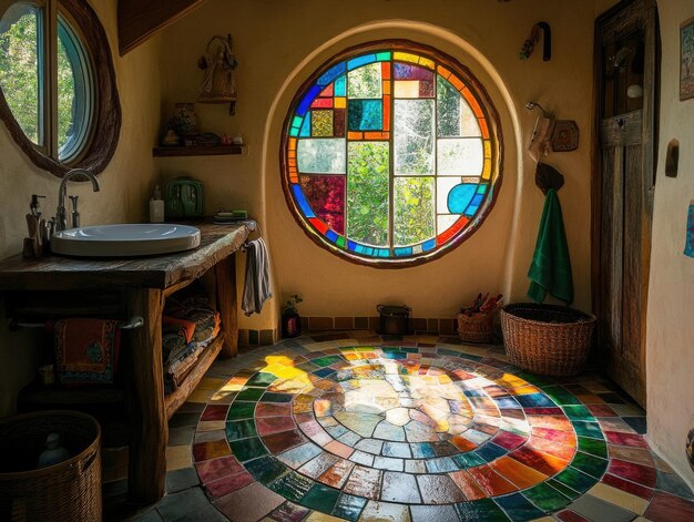 Photo colorful stained glass window illuminating rustic bathroom with vibrant mosaic floor