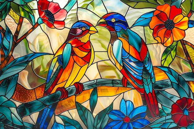 Colorful Stained Glass Window with Birds and Flowers