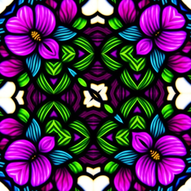 A colorful stained glass window with a heart in the middle