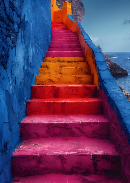 A colorful staircase with red yellow and blue steps leading up to a building