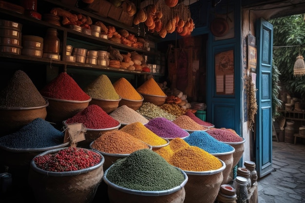 Colorful stall with eclectic mix of spices and herbs created with generative ai