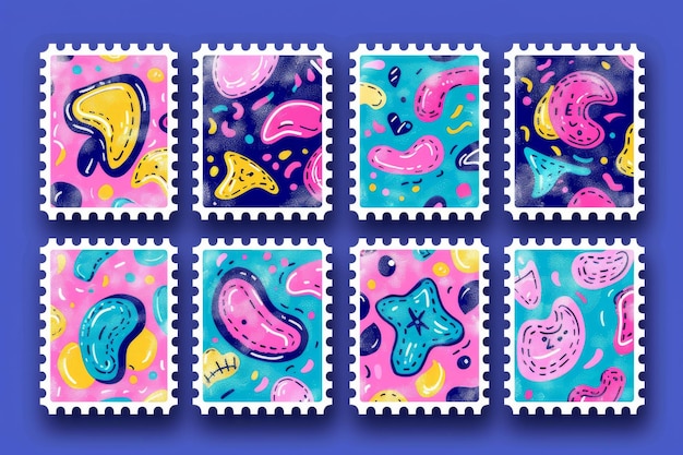 Photo colorful stamp collection featuring playful and quirky designs vibrant hues dynamic and imaginative