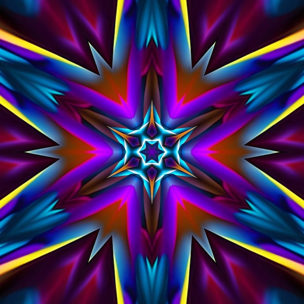 A colorful star design with a blue background.