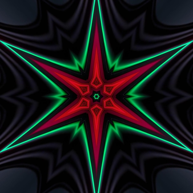 A colorful star with a black background and a green and red star in the middle.