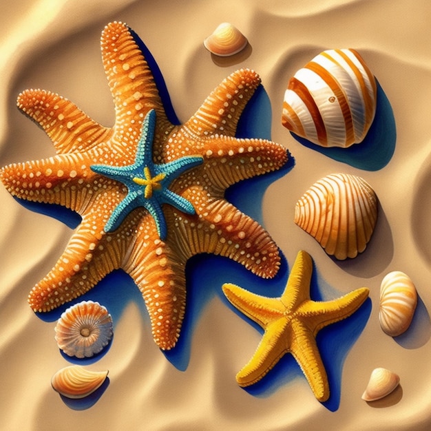 Colorful starfish and shells on sandy beach