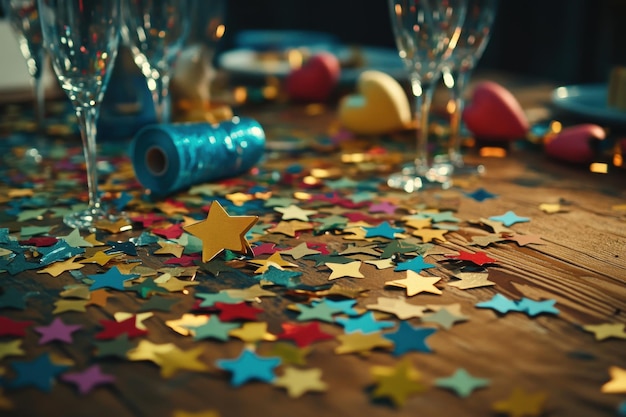 Photo colorful starshaped confetti scattered across a festive dining table during a celebration