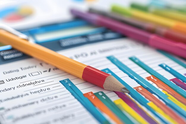 Photo colorful stationery and graphs on a desk