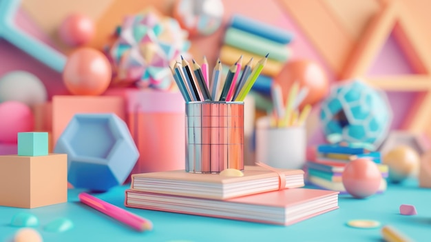 Colorful Stationery Still Life with Geometric Shapes