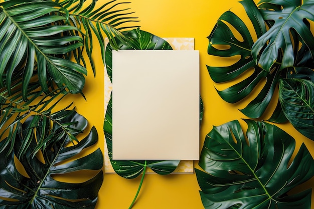 Photo colorful stationery with tropical leaves