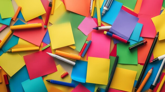 Photo colorful sticky notes and pencils on white background top view