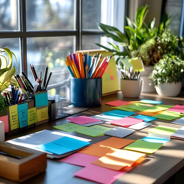 Photo colorful sticky notes on wooden desk with sunlight