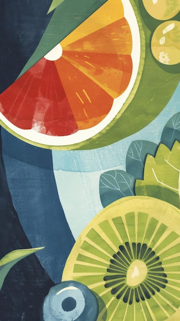 A colorful still life featuring a grapefruit kiwi blueberries and leafy greens