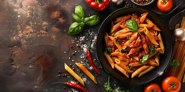 Photo colorful still life with cast iron skillet penne arrabbiata red pepper concept food photography still life cast iron skillet pasta arrabbiata red pepper