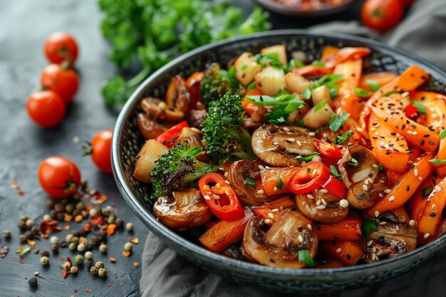 Photo colorful stirfried vegetables with fresh herbs and spices on a dark table