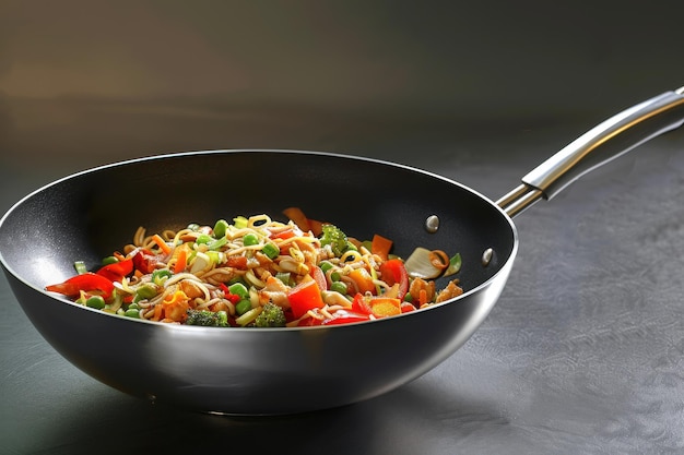 Photo colorful stirfried vegetables with noodles in a black wok on a dark surface