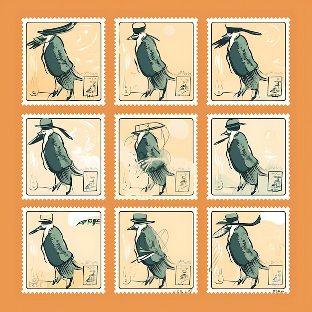 Photo colorful a stork bird with a postman suit holding a mailbag and weari animal stamp collection idea