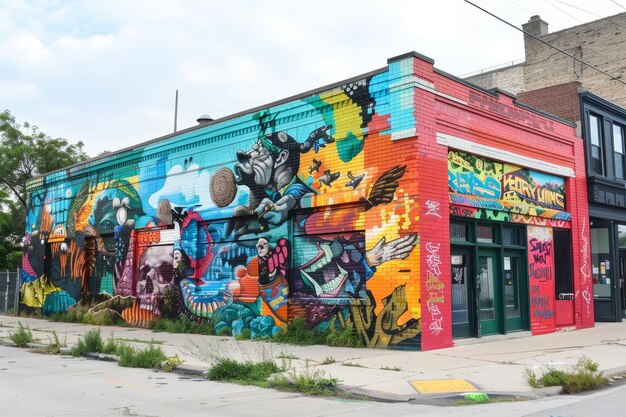 A colorful street art mural adorns a brick building showcasing various characters and designs Explore the vibrant graffiti and street art scene in Chicagos neighborhoods