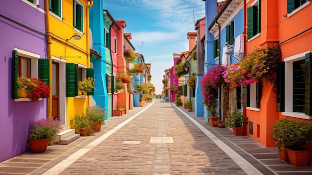 Colorful street in burano near venice italy