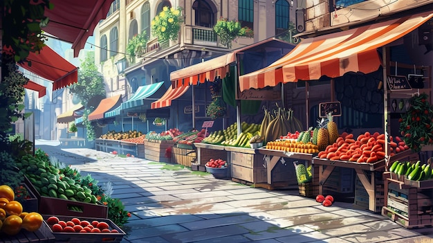 Colorful Street Market Painting Fresh Produce Scene