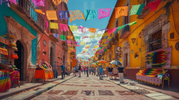 Colorful street market in traditional mexican town Cinco De Mayo