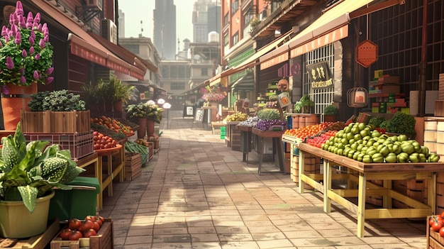 Colorful Street Market with Fresh Produce and Busy Atmosphere