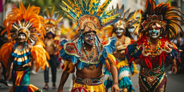 a colorful street parade with participants in elaborate costumes