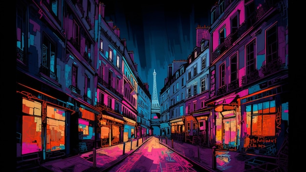 A colorful street in paris with a neon sign that says paris on the top.