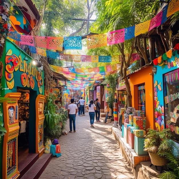 A colorful street scene with a mexican themed building and a sign that says " mexican day of the dead ".